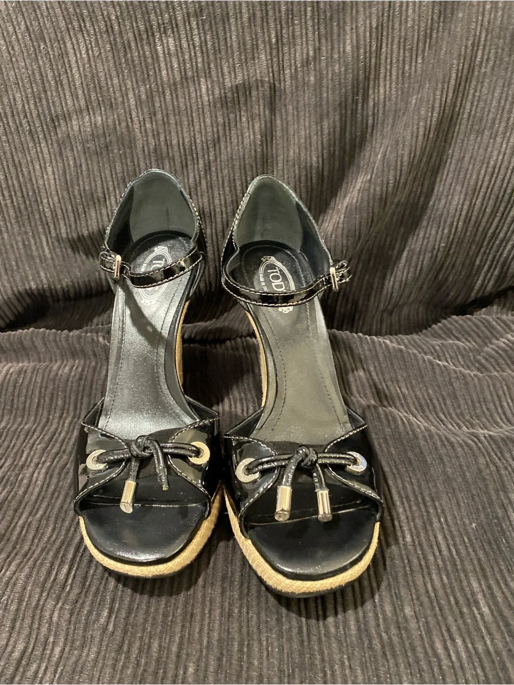 Tod's Black Patent Leather Wedge Sandals with Natural Woven Heel